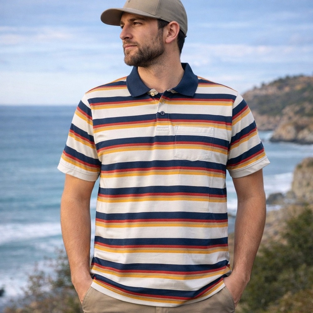 Roark Polo Shirt Mens Large Multi Color Cotton Striped Pocket Coastal Adventure